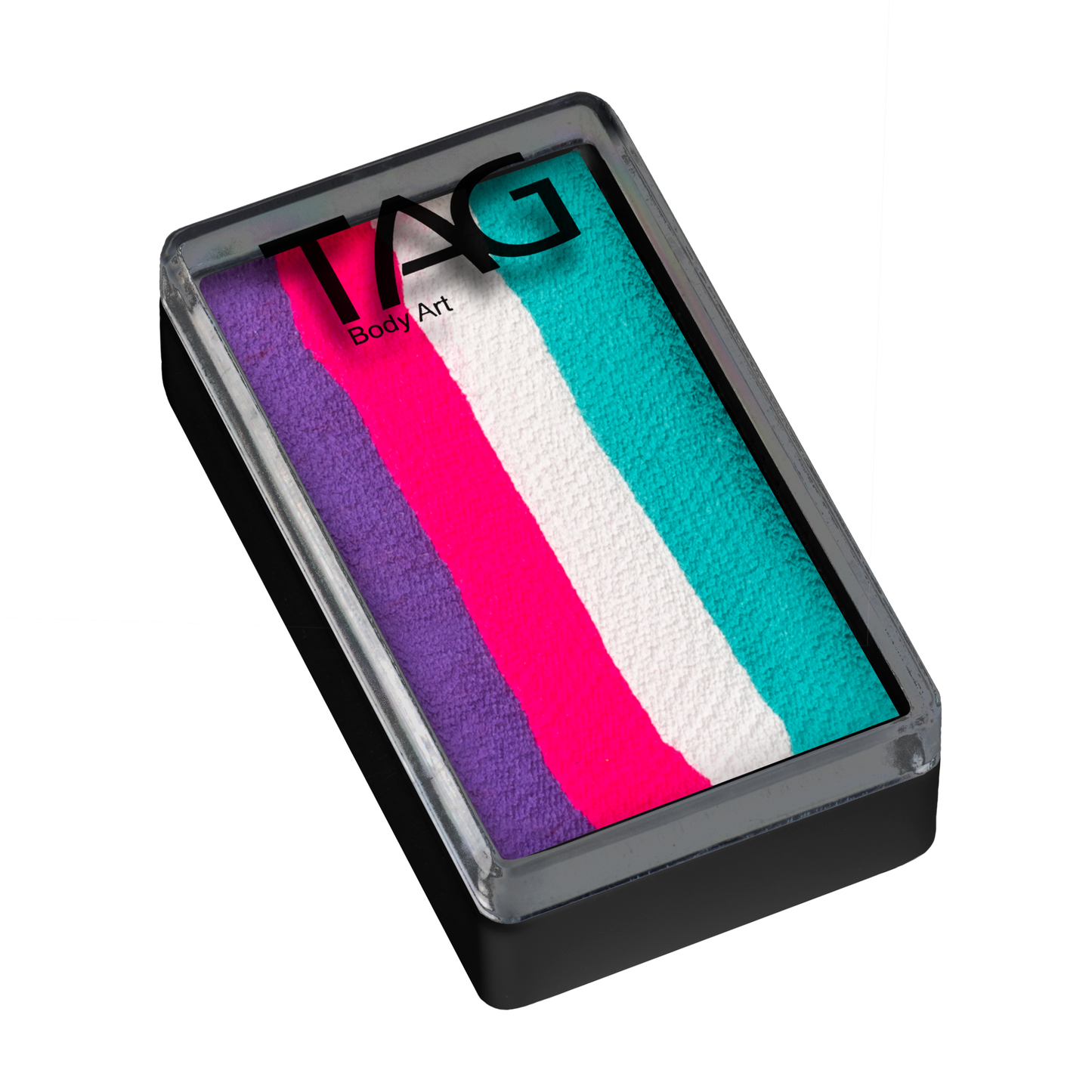 The Infinityfaces Face Paint & Body Paint Aqua - Unicorn Magenta One Stroke by TAG (30g) comes in a black plastic case with clear lid, featuring five neat horizontal stripes: teal, light blue, white, pink, and purple.