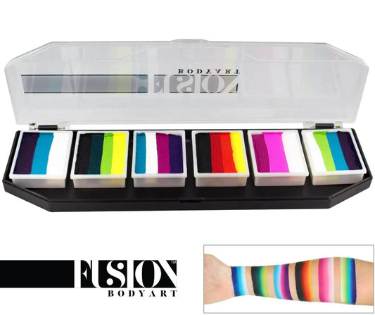 An open Infinityfaces Face Paint & Body Paint Aqua Fusion - Rainbow Burst Palette (6x10g) reveals six vibrant rainbow split cakes. Below, a forearm is painted in matching colorful stripes, with the Infinityfaces logo displayed.