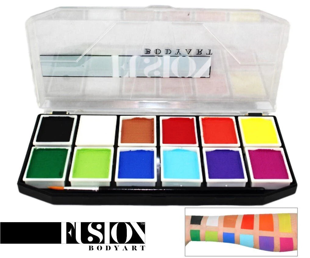 The Infinityfaces Starter Kit is the perfect way to (re)ignite your love for painting, featuring an open palette with 12 vibrant colors, paint swatches on an arm, the logo, and a mirrored lid—great for any professional face painting kit.