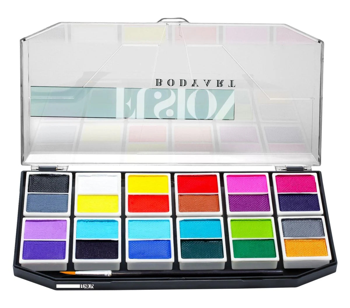 The Explorer Kit - Discover new colours by Infinityfaces features 18 vibrant watercolor pans, a small paintbrush, and a clear plastic lid. Perfect for creative projects or as a face painting kit for Halloween makeup.
