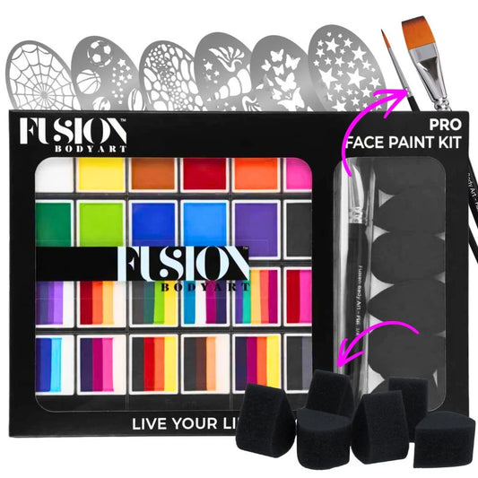 The Infinityfaces Pro Kit lets you paint with precision and confidence, featuring bold face paint colors, split cakes, stencils, brushes, black sponges, and eye-catching packaging marked by pink arrows highlighting the tools inside.