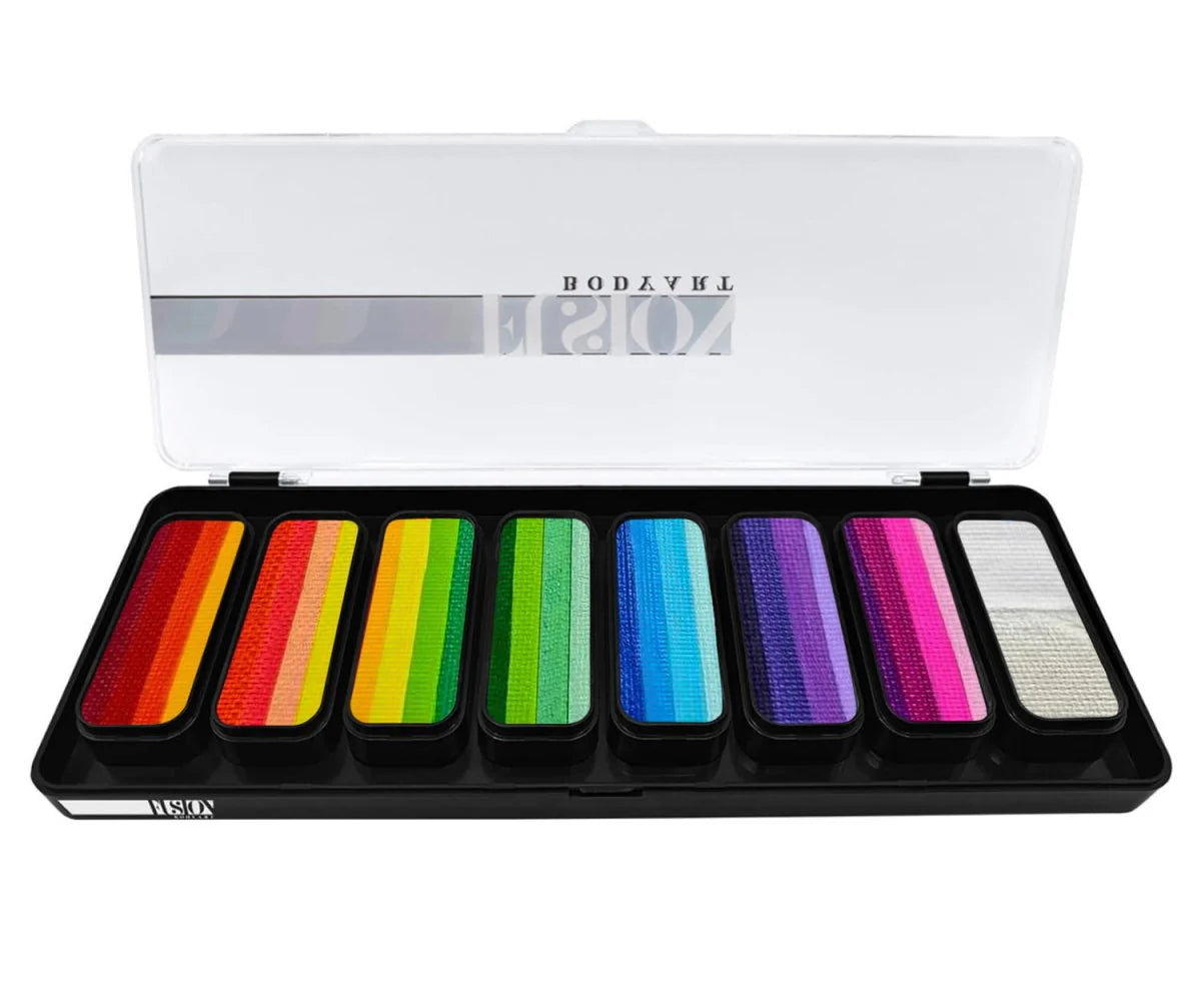 The Infinity Faces Entertainment Face Paint & Body Paint Aqua Fusion - Thin Strokes (8x14g) features a sleek black case with a transparent lid, displaying eight vibrant rainbow and gradient face paints arranged in rectangular pans.