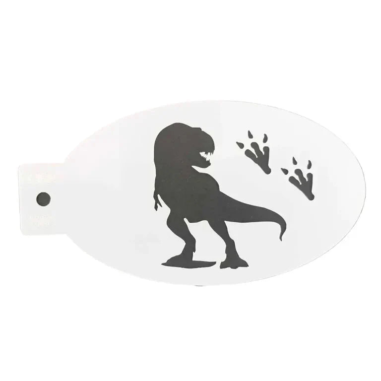 Infinity Faces Tyrannosaurus Dinosaur The Face Paint Shop Stencil features a black T. rex silhouette and two footprints on a white oval background, perfect for body art.