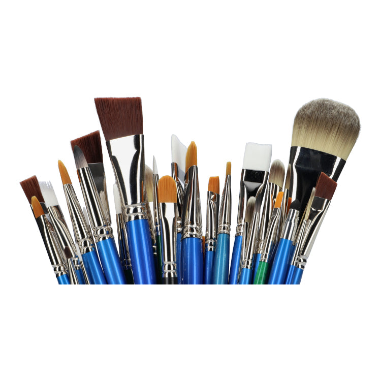 A variety of artist paintbrushes with blue handles and different brush shapes and sizes, arranged upright against a white background.