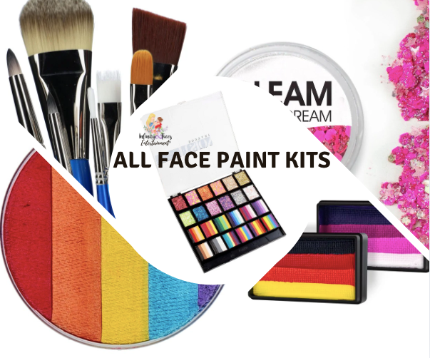 A collage featuring face paint brushes, colorful face paint palettes, pink powder, a white cream container, and bold text reading FACE PAINT KITS.