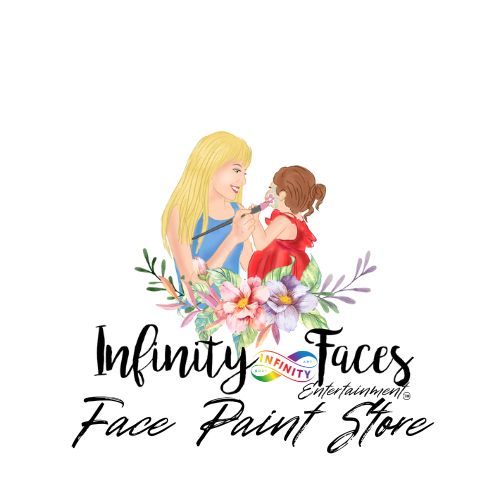 Illustration of a blonde woman painting a little girl’s face, surrounded by colorful flowers, with the text Infinity Faces Entertainment Face Paint Store below.