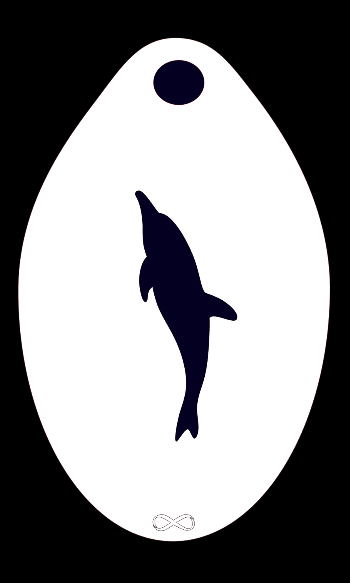 The Dolphin Stencil Body Art by Infinity Faces features a stylized dolphin silhouette on an oval white background. A small oval and infinity symbol complete the design, all set against a sleek black backdrop—ideal for reusable face painting.