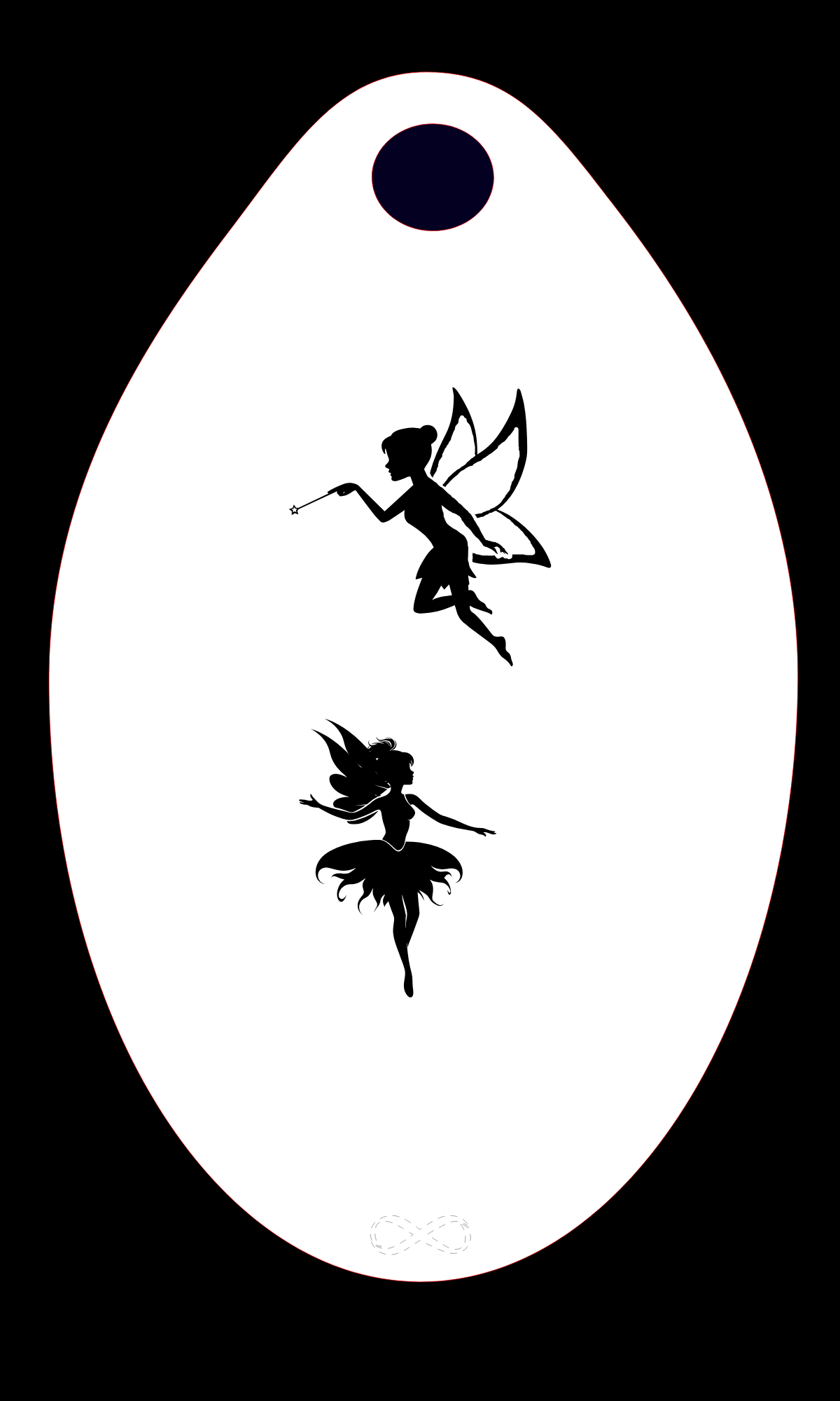 The white oval-shaped Double Fairies Stencil Body Art by Infinity Faces features two fairies: one flying with wings spread and wand in hand, and the other dancing with outstretched arms in a flowing skirt—ideal for whimsical face painting designs.