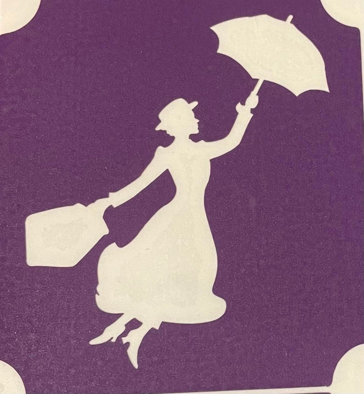 A white glitter tattoo stencil silhouette of Mary Poppins from Infinity Faces, depicting a woman in a hat holding a carpet bag and an umbrella on a purple background.