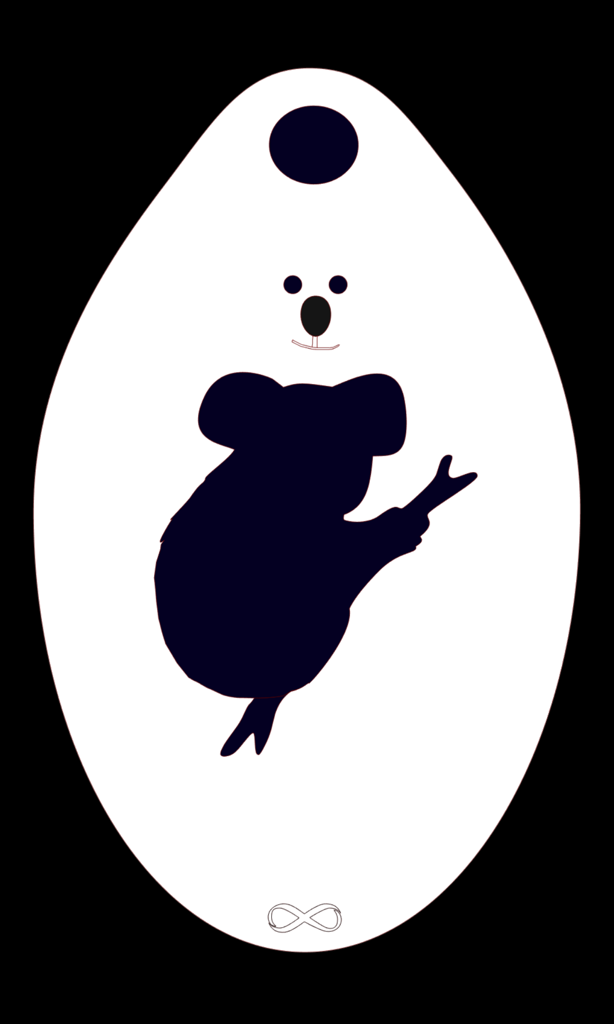 The Koala Stencil Body Art by Infinity Faces features a minimalist black silhouette of a koala on a white egg-shaped background. It depicts the koala with an extended arm and simple facial features, accompanied by an infinity symbol—perfect for reusable face painting stencils.