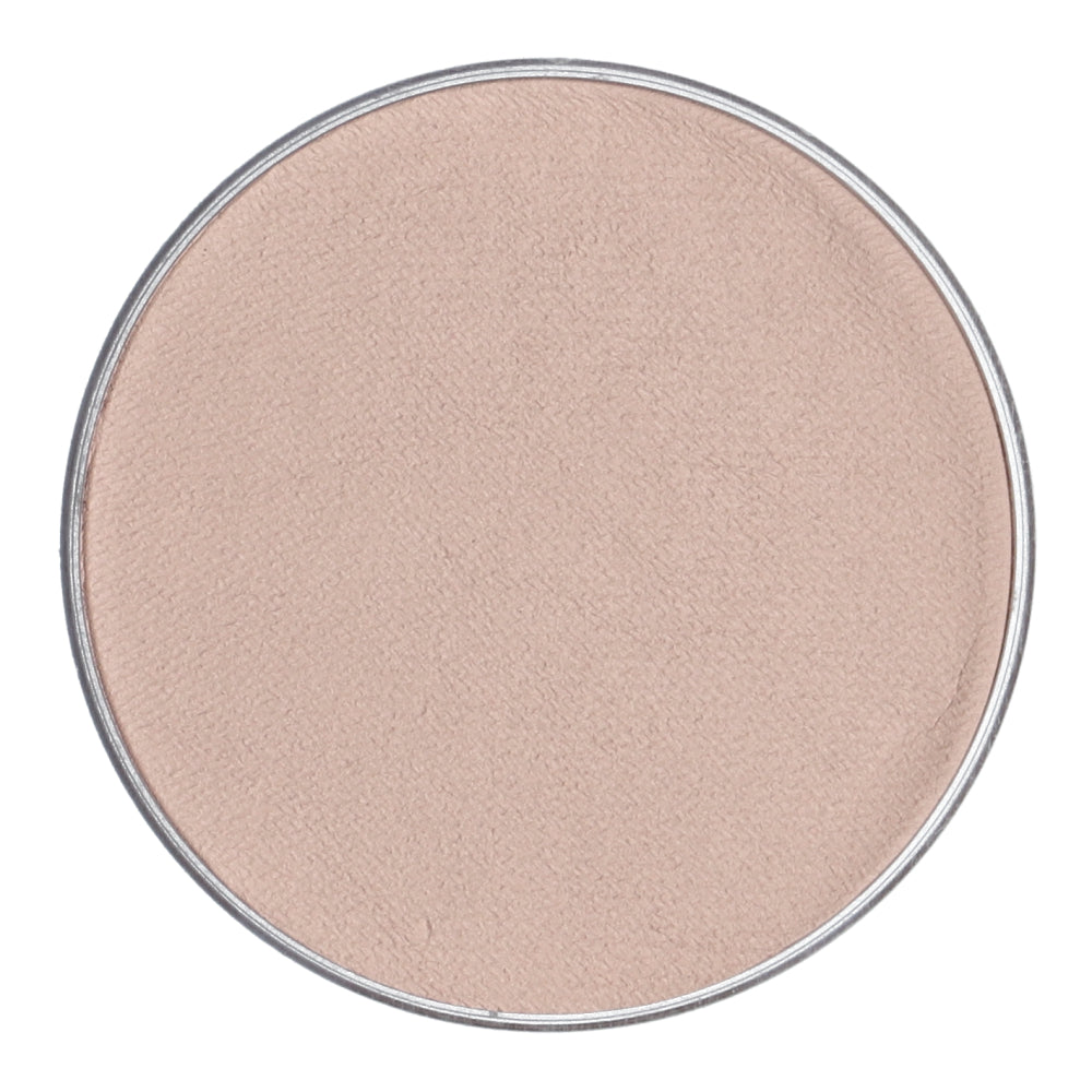 The image features a close-up of Infinity Faces round, beige Superstar Aqua Face Paint & Body Paint in a circular silver tin. This water-based, cruelty-free product is smooth and matte, fully occupying the tin with its Shock complexion coverage.