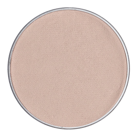 The image features a close-up of Infinity Faces round, beige Superstar Aqua Face Paint & Body Paint in a circular silver tin. This water-based, cruelty-free product is smooth and matte, fully occupying the tin with its Shock complexion coverage.