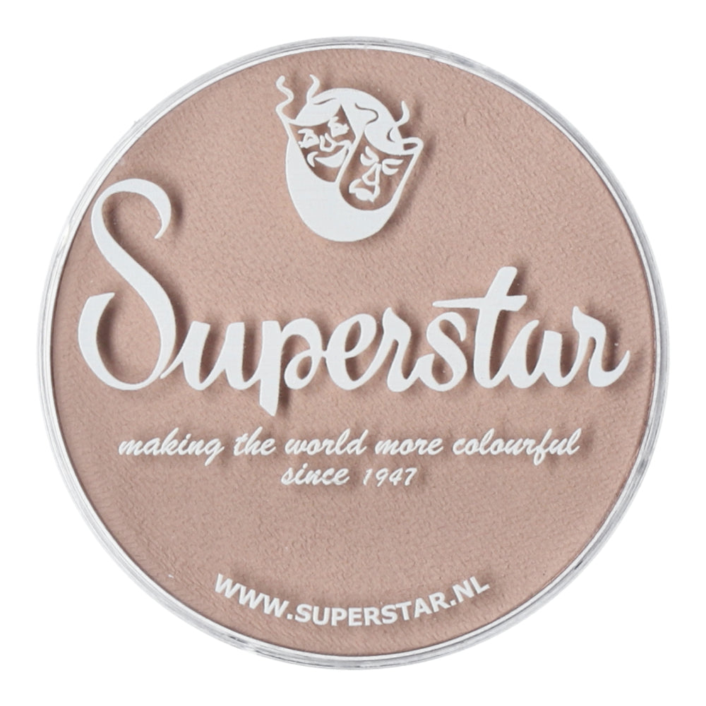 Light brown round container from Infinity Faces featuring Superstar in white script with theatrical masks above. Below, it says, making the world more colourful since 1947. Showcasing cruelty-free Face Paint & Body Paint Aqua Superstar. Visit us at www.superstar.nl.