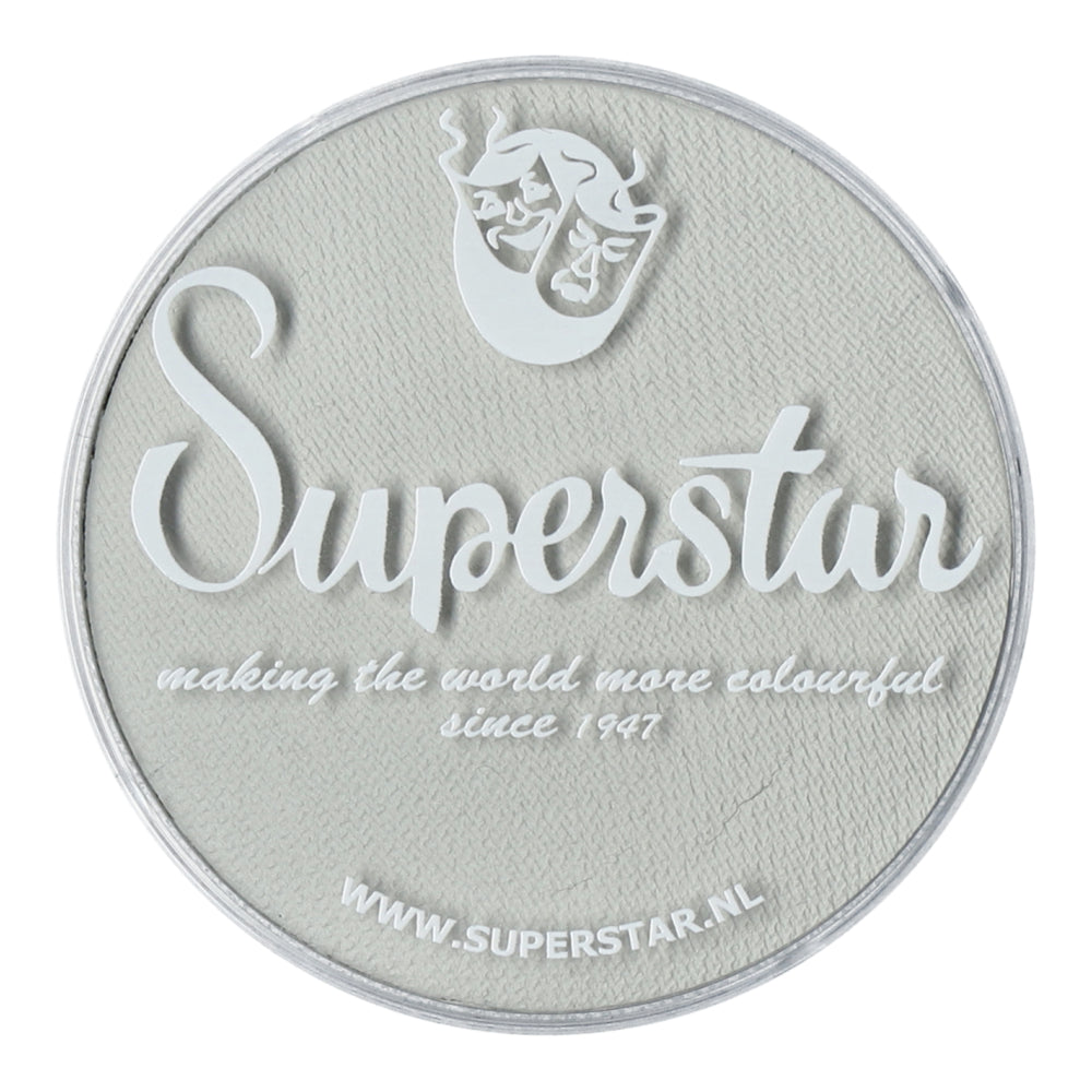 A gray, round container of Aqua Superstar Skull (16gr) face paint from Infinity Faces, compliant with European Cosmetics Legislation. The lid shows a white mermaid logo and Superstar, making the world more colourful since 1947. Perfect for face and body painting, cruelty-free. Visit www.superstar.nl.