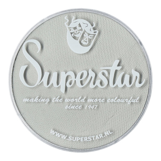 A gray, round container of Aqua Superstar Skull (16gr) face paint from Infinity Faces, compliant with European Cosmetics Legislation. The lid shows a white mermaid logo and Superstar, making the world more colourful since 1947. Perfect for face and body painting, cruelty-free. Visit www.superstar.nl.