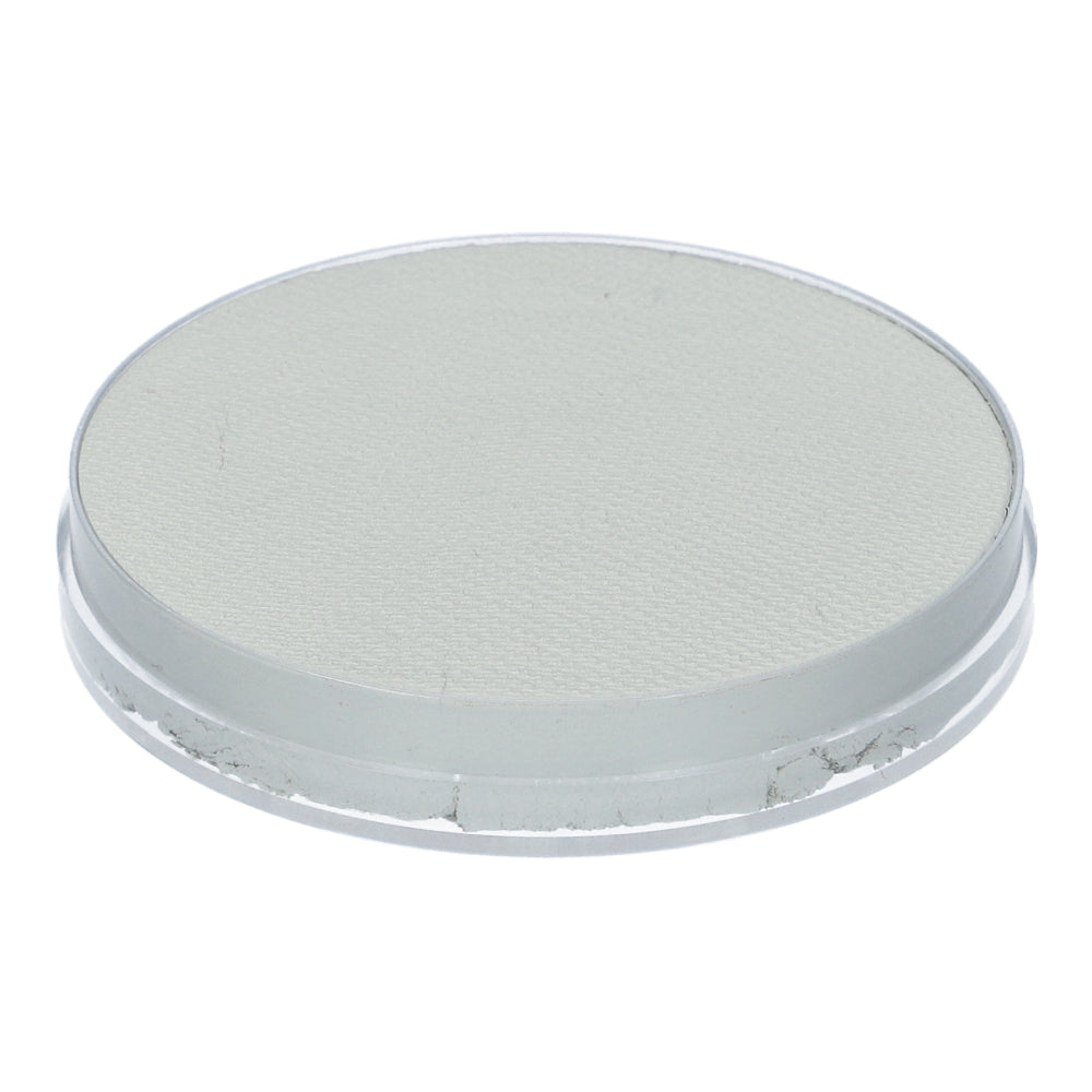 A round white face powder compact from Infinity Faces, featuring a clear lid that reveals the textured surface of the Face Paint & Body Paint Aqua Superstar - Skull (16gr). Slightly scuffed edges show use, while its closed lid signifies compliance with European Cosmetics Legislation and its cruelty-free.