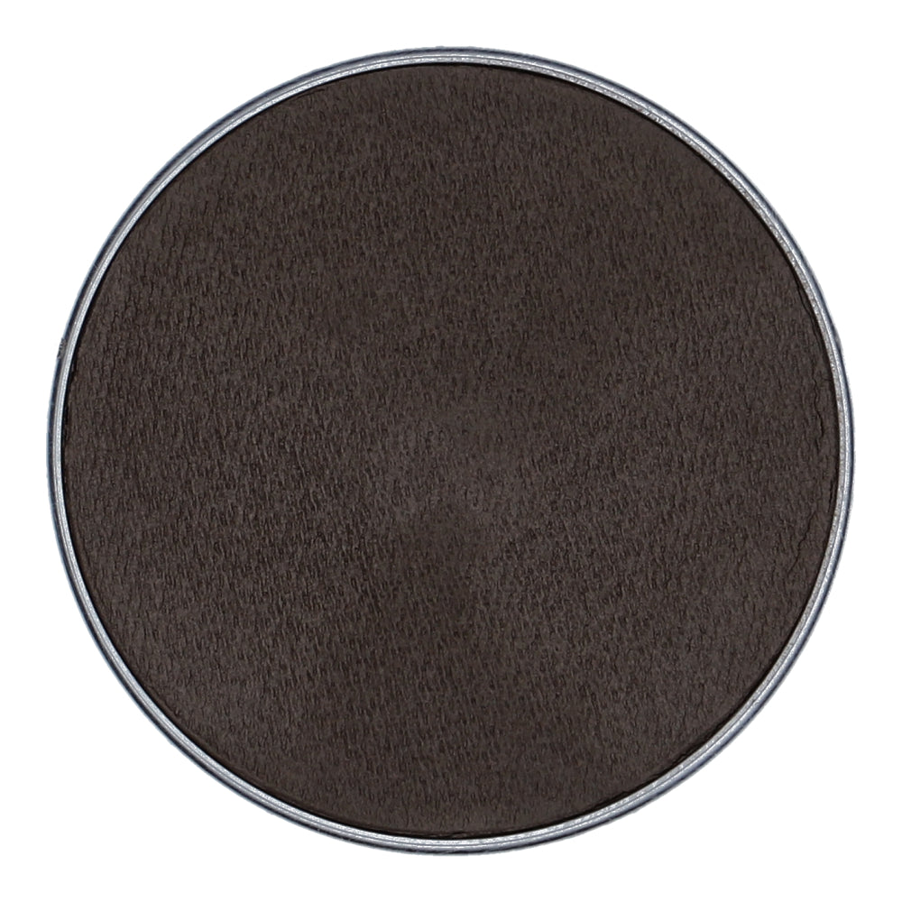 The 45g pan of Superstar Aqua Face Paint & Body Paint by Infinity Faces, featuring dark brown powder with a textured surface, has a thin silver rim and is set against a plain white background. Its perfect for child-friendly creative expressions.