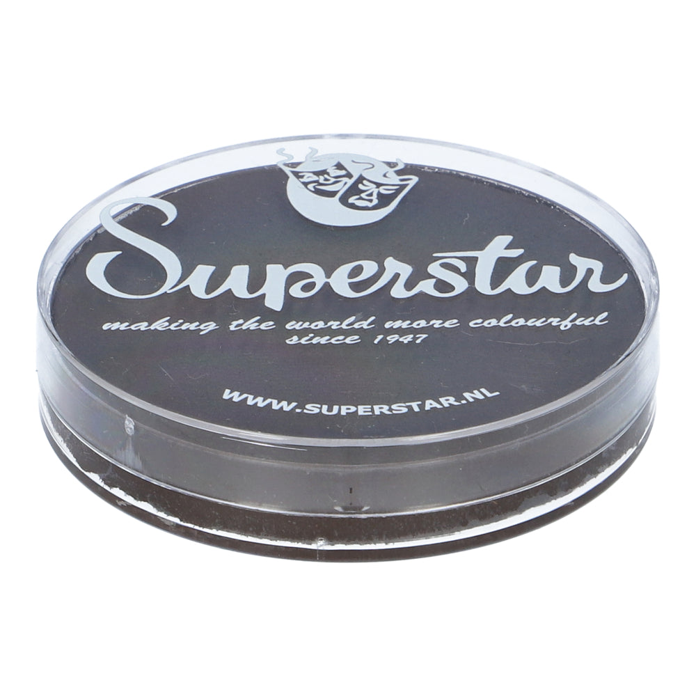 Round container with a dark lid featuring Superstar in white script, a face graphic, and the slogan making the world more colourful since 1947. This child-friendly Aqua Face & Body Paint by Infinity Faces is perfect for vibrant makeup. Visit www.superstar.nl.