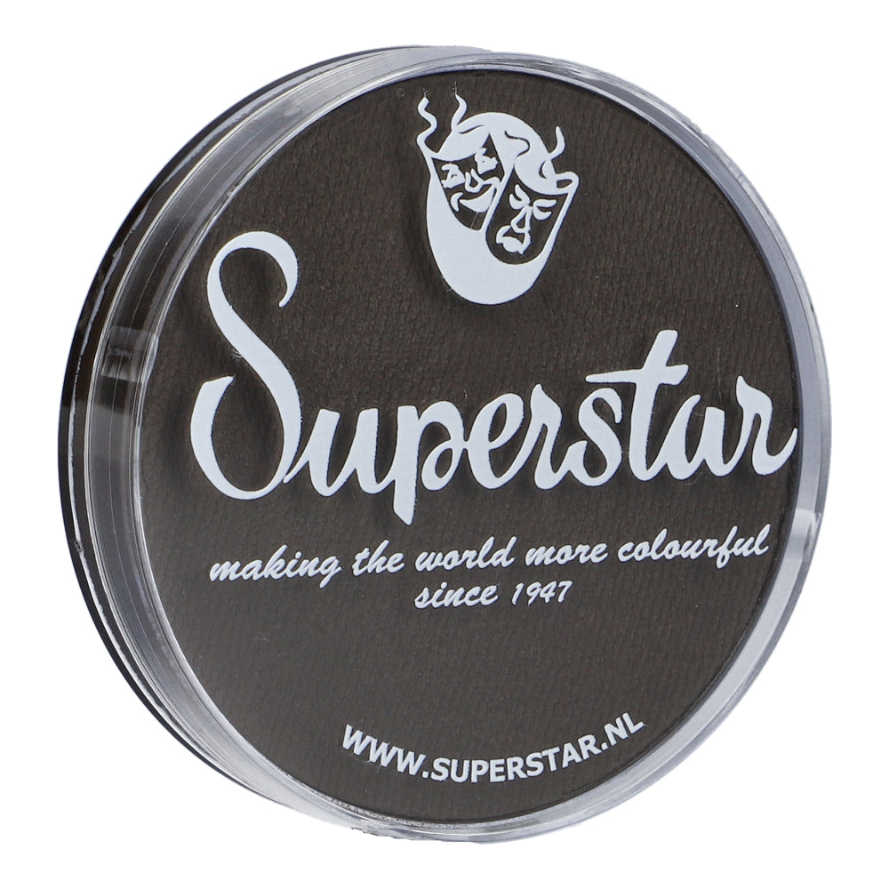 A round container labeled Infinity Faces with a theatrical mask logo features white text: making the world more colourful since 1947. Ideal for water-based, child-friendly application, explore the Face Paint & Body Paint Aqua Superstar - Dark brown (45gr) at www.superstar.nl.