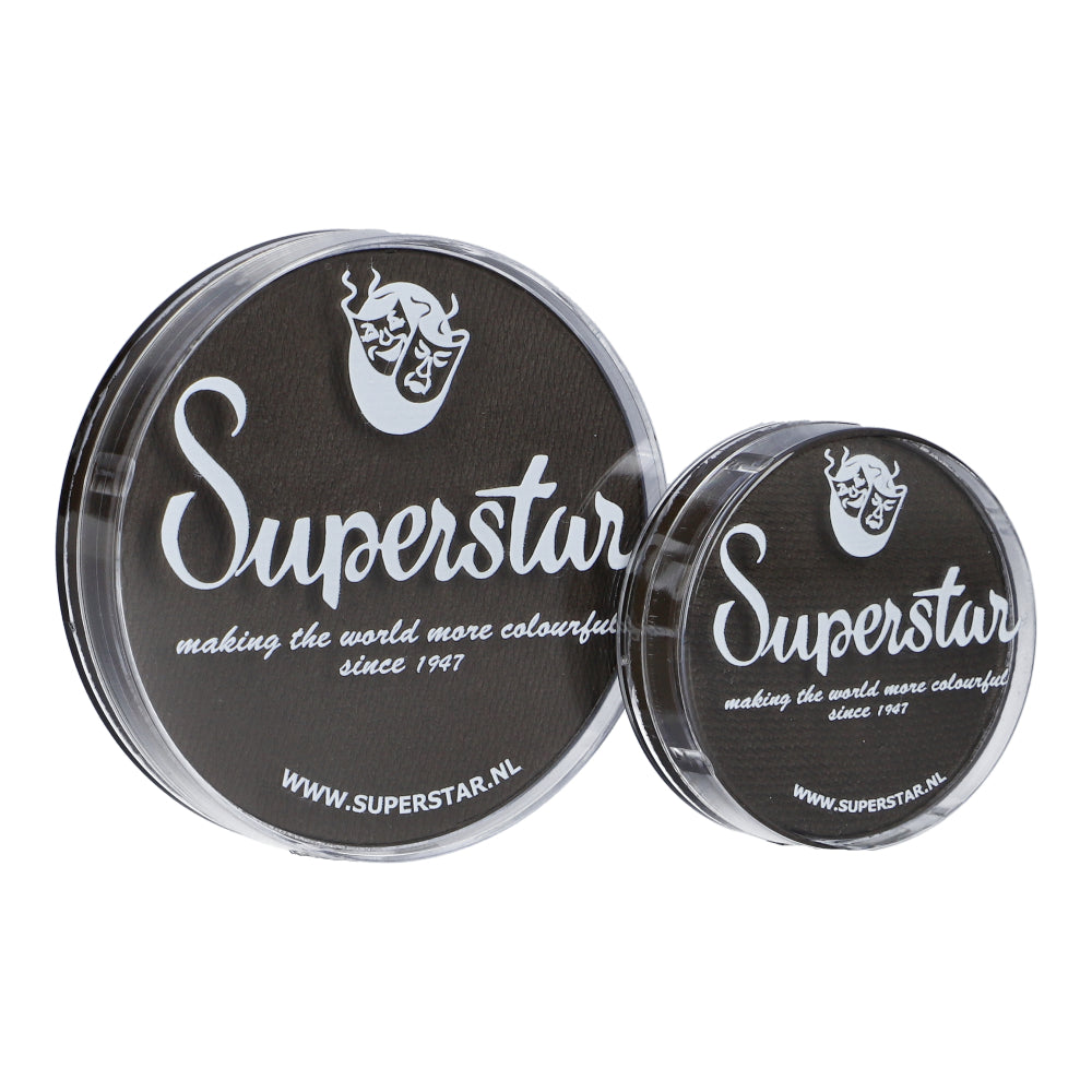 Two round containers with black lids feature the Infinity Faces brand in white script and a theatrical mask logo. This child-friendly, water-based Superstar Aqua Face Paint & Body Paint (Dark brown, 45g) has been enhancing lifes colors since 1947. Visit www.superstar.nl for more information.