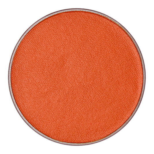 Close-up of a round, dark orange watercolor pigment in a metallic pan. The matte texture and consistent color are traits of Infinity Faces Face Paint & Body Paint Aqua Superstar. This 16gr cruelty-free hue exudes vibrant charm.