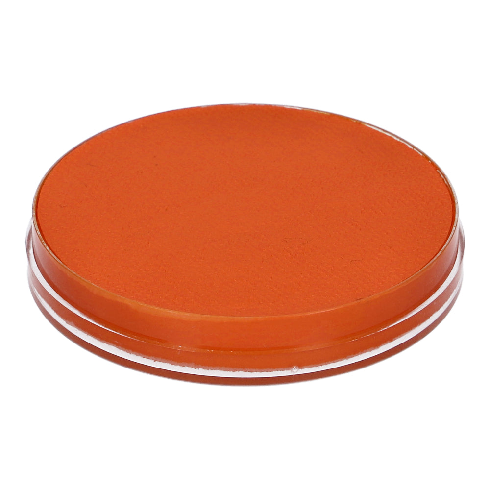 A close-up shows the vibrant, dark orange Aqua Superstar Face & Body Paint by Infinity Faces. This 16g water-based makeup in a clear, round container provides a smooth, even surface—ideal for creating brilliant, cruelty-free looks.