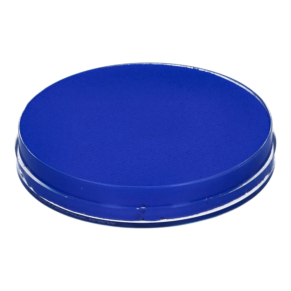 The Infinity Faces Face Paint & Body Paint Aqua Superstar in bright blue features a round, transparent casing showing its vibrant blue ink. This 16g cruelty-free product ensures the color remains visible while closed, seen from a slight angle.