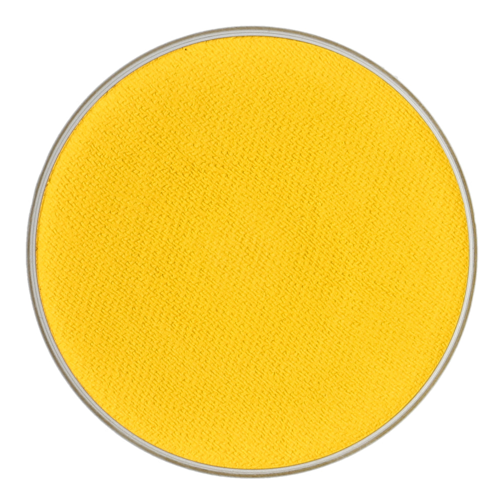 An overhead view shows a round can lid fully coated in bright yellow Aqua Face Paint & Body Paint by Infinity Faces. The cruelty-free, water-based makeup has a slight texture with the metal rim visible at the edges.