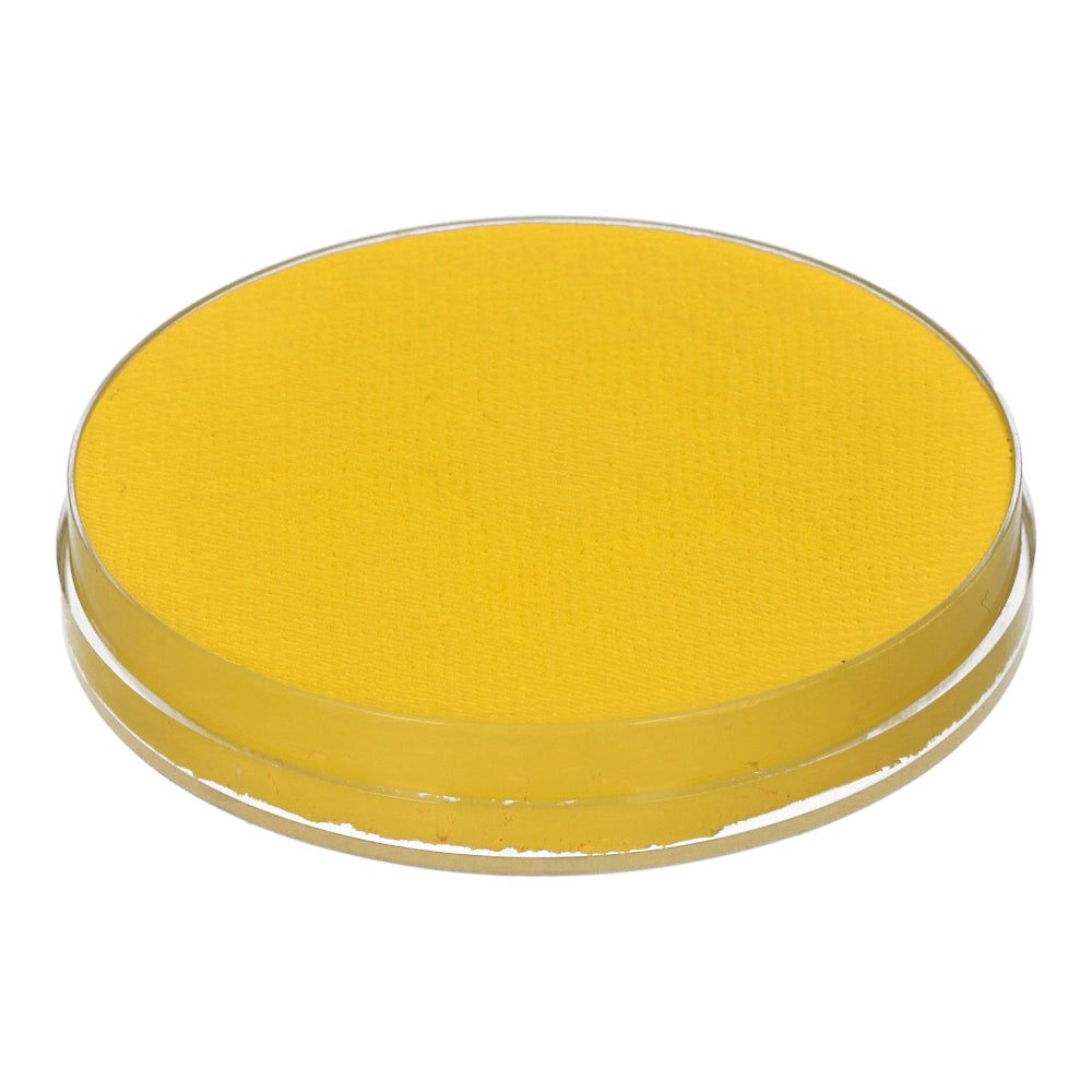 A round, smooth-finished metal lid with a bright yellow texture, similar to a tin can top, rests against a white background. Its from Infinity Faces Aqua Superstar line (16gr), reflecting the quality and cruelty-free commitment of their face and body paint makeup.