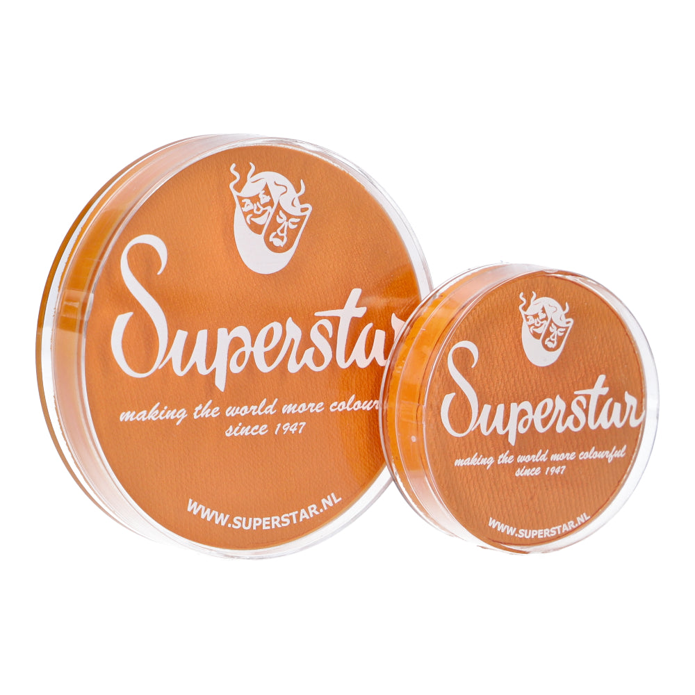 Two round containers of Infinity Faces Superstar Aqua Face and Body Paint, both with orange lids, sit side by side. The large and small tubs feature the text: Superstar Aqua Face- and Bodypaint—making the world more colorful since 1947, compliant with European Cosmetics Legislation.