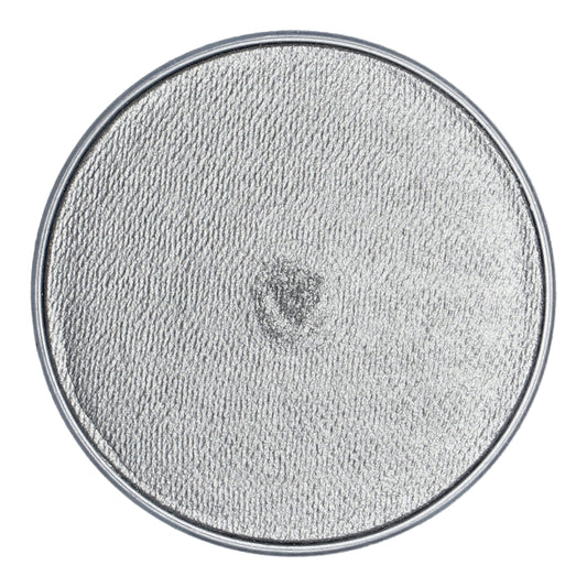 A close-up of a round, textured metallic surface resembles crumpled foil. The reflective metal in shades of silver and gray mirrors the shimmer of Infinity Faces Face & Body Paint Aqua Superstar - Silver (shimmer) (45gr).