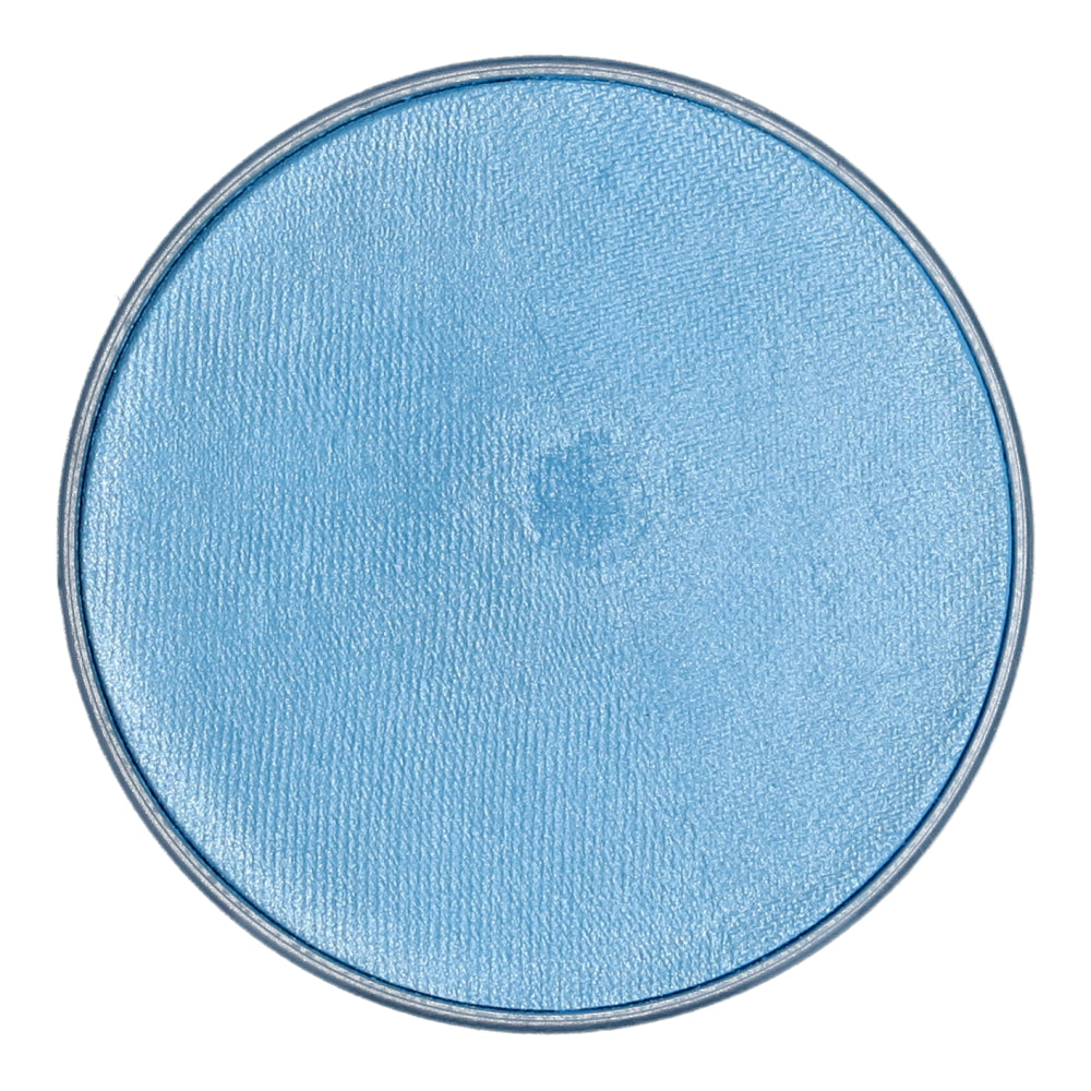 Seen from above, the Infinity Faces Baby Blue (Shimmer) Aqua Superstar Face and Body Paint reveals a shimmery surface and smooth finish. This 45g round makeup compact is encased in a thin circular metal frame, is water-based, and cruelty-free.