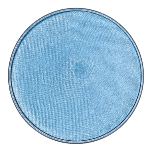 Seen from above, the Infinity Faces Baby Blue (Shimmer) Aqua Superstar Face and Body Paint reveals a shimmery surface and smooth finish. This 45g round makeup compact is encased in a thin circular metal frame, is water-based, and cruelty-free.