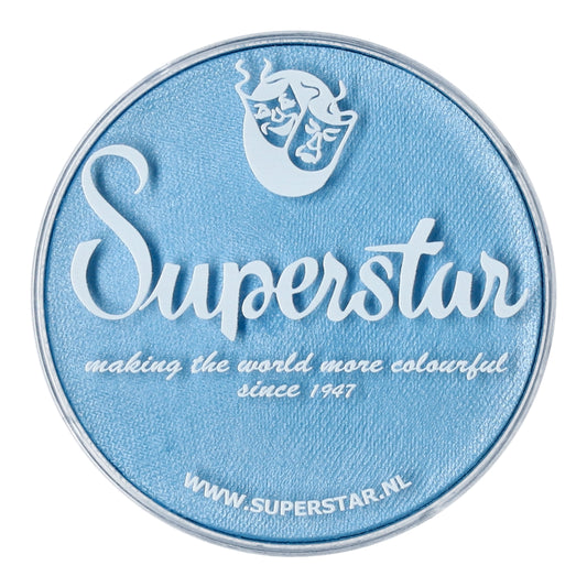 A blue circular label with white text Superstar includes a decorative face graphic. Below, it reads making the world more colorful since 1947, promoting the cruelty-free Face Paint & Body Paint Aqua Superstar by Infinity Faces. Visit their website at www.superstar.nl for details.