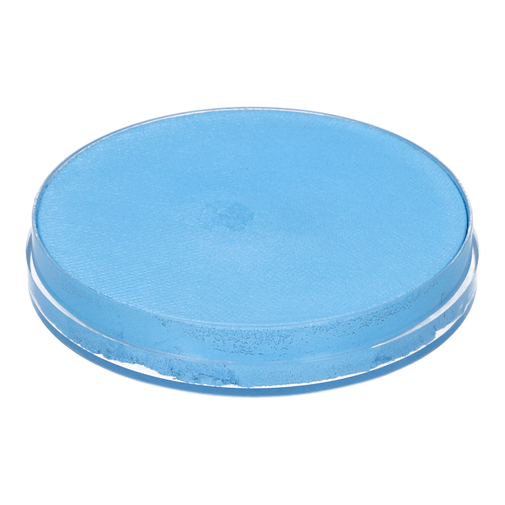 The Infinity Faces Face Paint & Body Paint Aqua Superstar in Baby Blue (shimmer) features a round, flat blue lid with a smooth surface and slightly translucent edges, perfectly complementing the cruelty-free, water-based makeup inside.