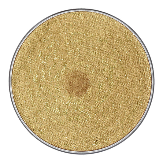 Infinity Faces Face Paint & Body Paint Aqua Superstar (45gr) in Gold with glitter provides a smooth, shimmery texture. This water-based makeup comes in a metal pan and adheres to European Cosmetics Legislation 1223/2009/EC for even distribution of its bright gold shade.
