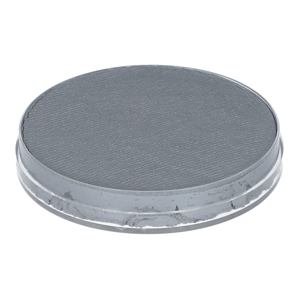 Viewed from above, an Infinity Faces Face Paint & Body Paint Aqua Superstar in light grey (16gr) features a round, flat, gray surface with textured finish and slightly worn edges. The edge has a subtle metallic sheen, similar to containers used for water-based makeup in child-friendly settings.