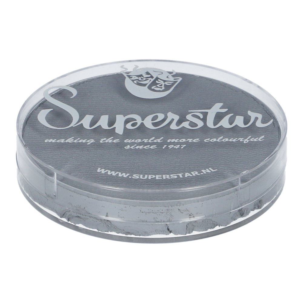 A round plastic container shows the Infinity Faces logo and making the world more colourful since 1947, plus a website URL. It holds light grey Aqua Face & Body Paint (16g) by Superstar, with a child-friendly water-based formula.