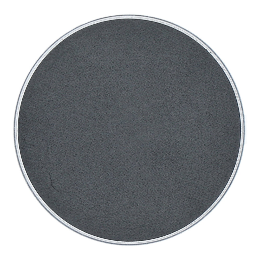 The Infinity Faces Aqua Superstar Face & Body Paint in dark gray is a 45gr circular product with a subtle texture and thin silver border, resembling a compact case. This water-based makeup offers child-friendly application while maintaining its sleek, minimalist design.