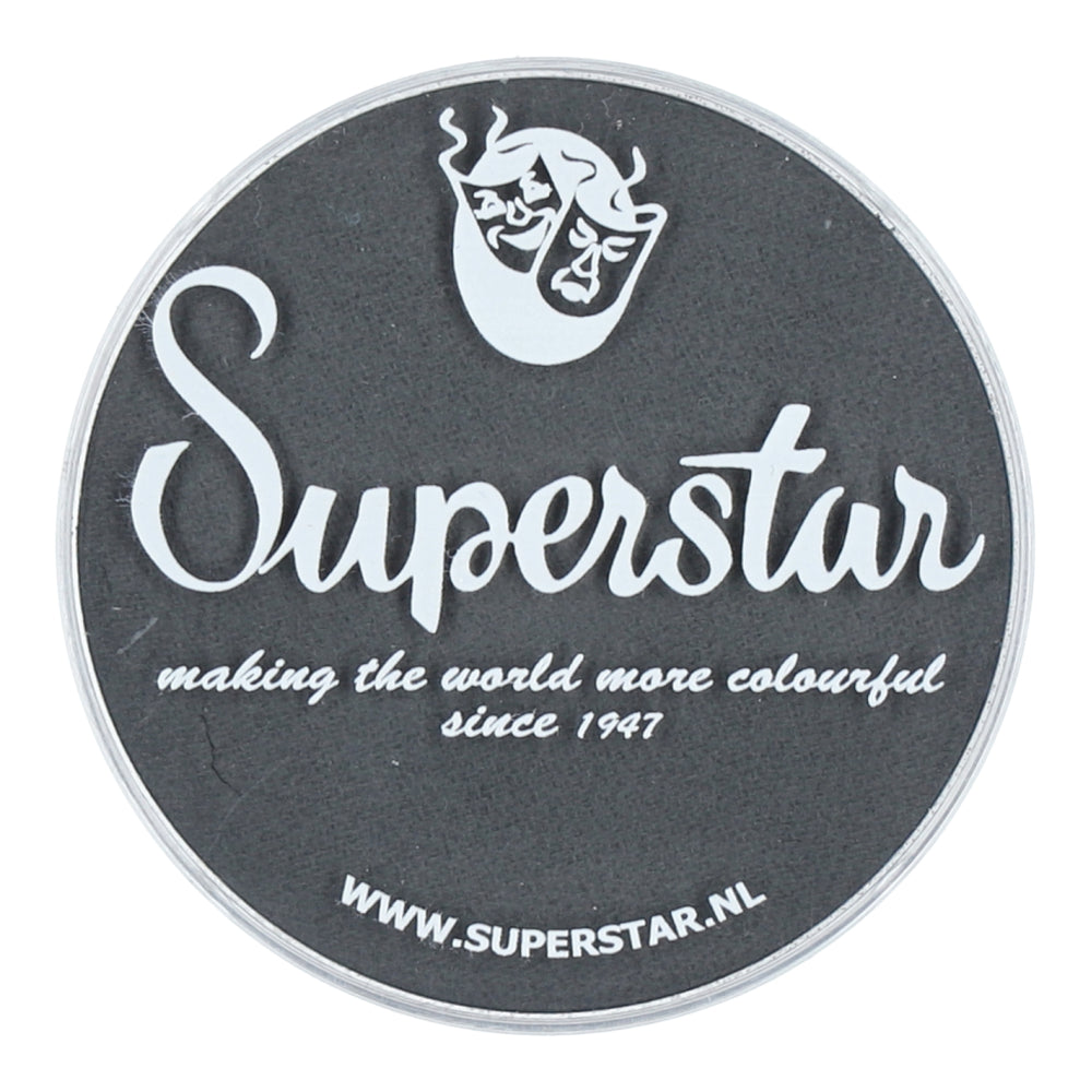 A round black sticker with white text reads, Infinity Faces making the world more colorful since 1947, featuring a masked face graphic for child-friendly application of Face Paint & Body Paint Aqua Superstar - Dark grey (45gr). The website WWW.SUPERSTAR.NL appears at the bottom.