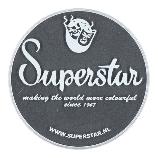 A round black sticker with white text reads, Infinity Faces making the world more colorful since 1947, featuring a masked face graphic for child-friendly application of Face Paint & Body Paint Aqua Superstar - Dark grey (45gr). The website WWW.SUPERSTAR.NL appears at the bottom.