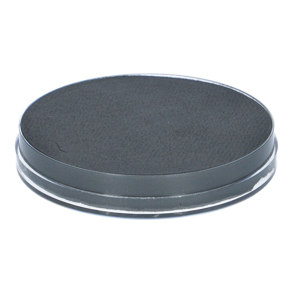 A round, dark grey Face Paint & Body Paint Aqua Superstar by Infinity Faces with a slightly raised edge on a white surface evokes simplicity and versatility.