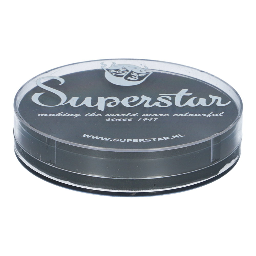 A round, clear-lid container of Infinity Faces Face Paint & Body Paint Aqua Superstar in dark grey features the logo with two theatrical masks and the slogan making the world more colorful since 1947. This water-based makeup is child-friendly. Visit our website for more details.