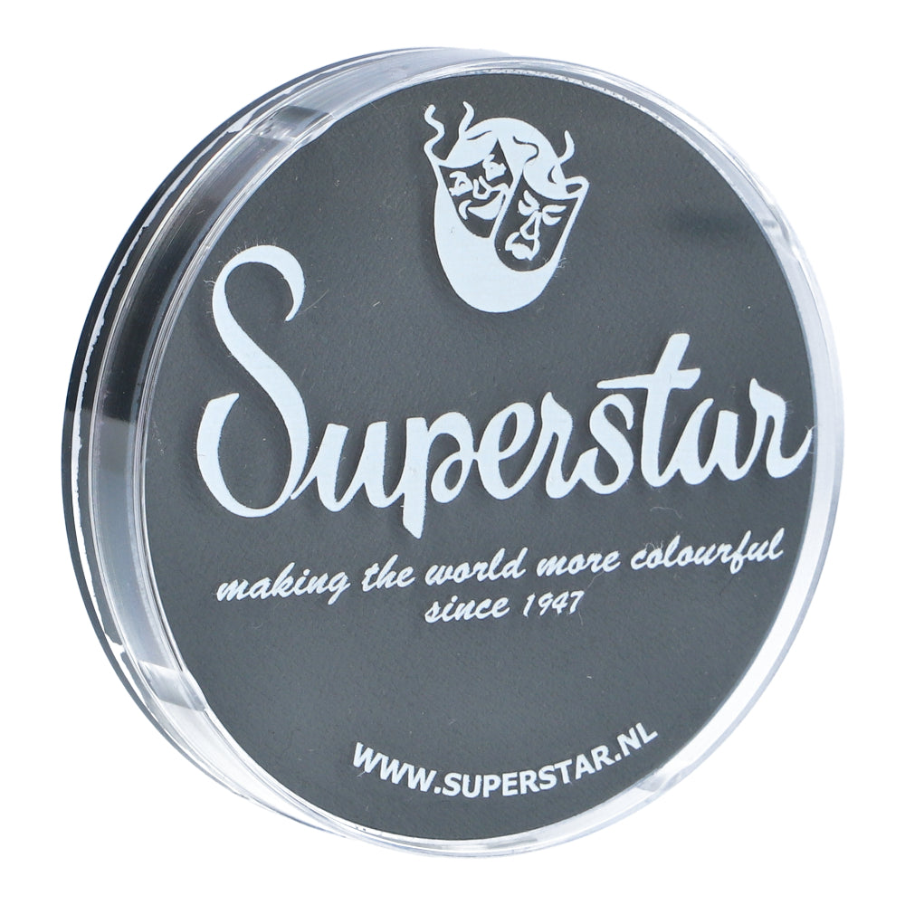 A round container with a clear lid displays Superstar in white, the slogan making the world more colourful since 1947, and a theater mask logo. This Infinity Faces Face Paint & Body Paint Aqua Superstar - Dark grey (45gr) is child-friendly and perfect for all ages. More at WWW.SUPERSTAR.NL.
