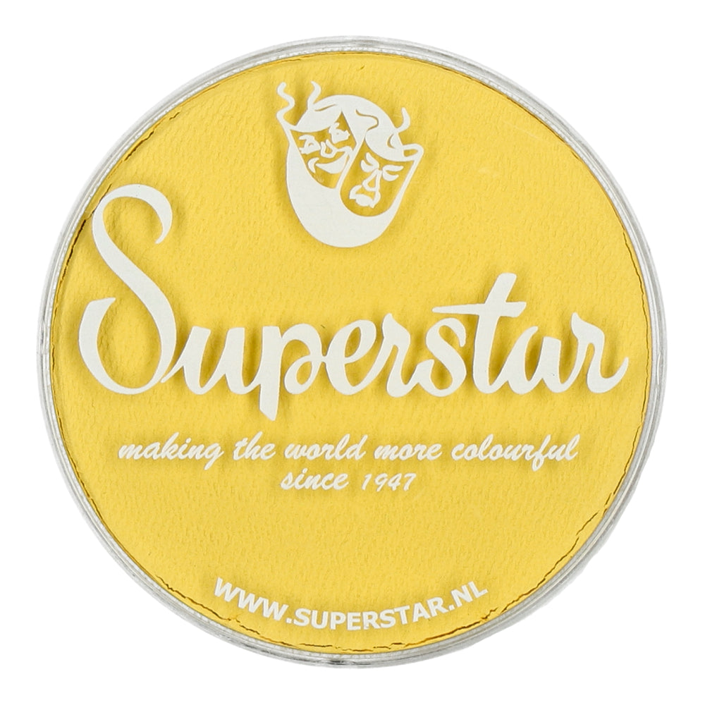 The round yellow container features Superstar in bold white script, with making the world more colorful since 1947 below and theater masks above. Visit WWW.SUPERSTAR.NL for Infinity Faces’ Superstar Aqua Face and Body Paint, compliant with European Cosmetics Legislation and cruelty-free.