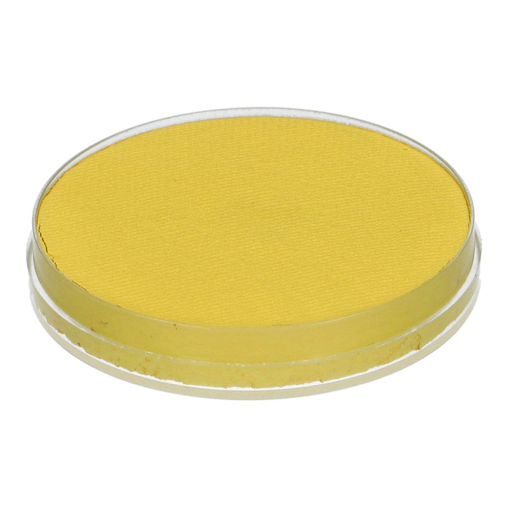 A rounded clear container of Infinity Faces Face Paint & Body Paint Aqua Superstar in Soft Yellow (16g), viewed from the side and slightly above, contains vibrant yellow makeup. This cruelty-free product complies with European Cosmetics Legislation for a responsible beauty choice.