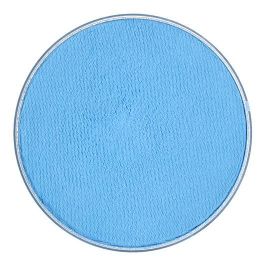 A close-up of a round pastel blue makeup compact, highlighting its smooth matte texture. The compact, with a metallic rim, features Infinity Faces Face Paint & Body Paint Aqua Superstar. This cruelty-free, water-based makeup offers vibrant color while being gentle on the skin.