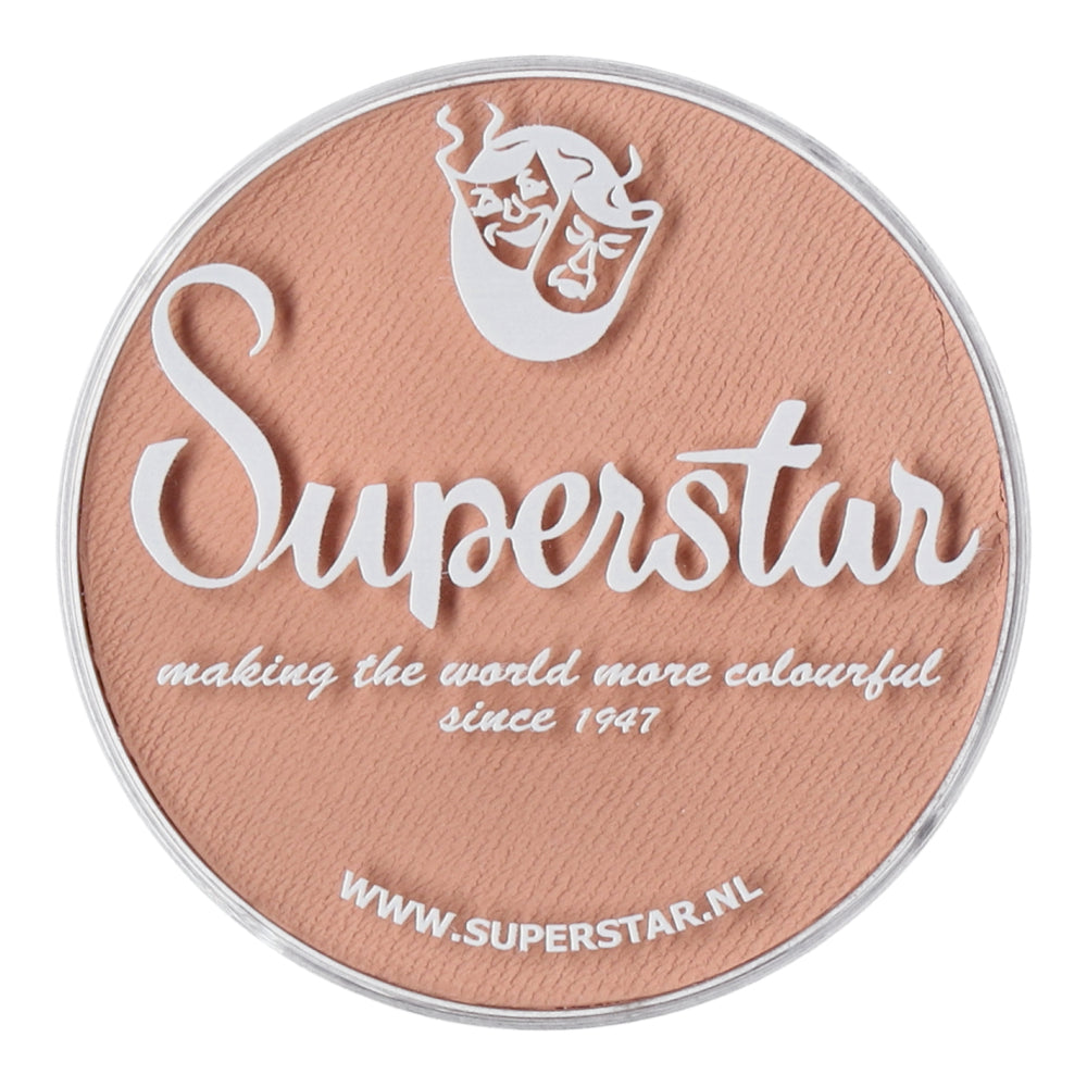 Round container of Infinity Faces Face & Body Paint Aqua Superstar in Santa Claus skin complexion. This 16g, water-based, cruelty-free makeup features a lid with a white face mask logo and the text Superstar, making the world more colourful since 1947. Website URL included at the bottom.