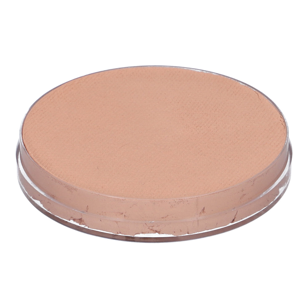 This round Superstar Aqua Face Paint & Body Paint from Infinity Faces is a tan-colored, cruelty-free compact with a transparent lid and shows minor wear on the water-based makeup surface.