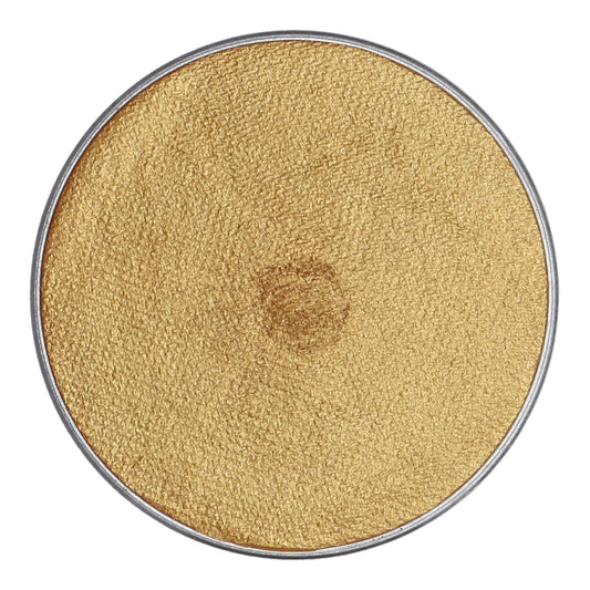 Seen from above, the round container of Infinity Faces Face Paint & Body Paint Aqua Superstar - Gold (shimmer) (45gr) exudes iconic allure. Its velvety, cruelty-free, water-based gold powder gleams with subtle shine, bordered by thin metallic edges.